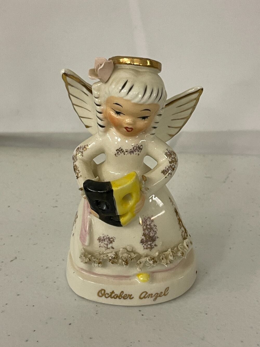 VTG Napco October Angel Figurine Porcelain Mask Spagetti Trim Gold Accents C1370